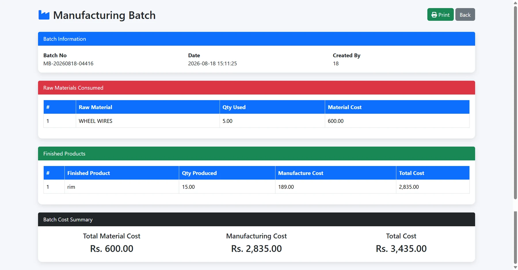 Manufacturing Batch Tracking for Finished Goods inventory and accounting software for small business – Real Inventory Accounting ERP manufacturing batch details