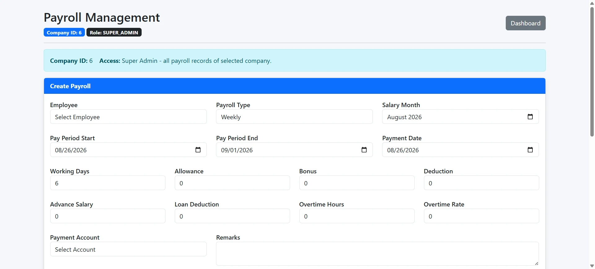inventory and accounting software for small business – Online factory management system payroll screen showing employee pay period earnings deductions and payment account